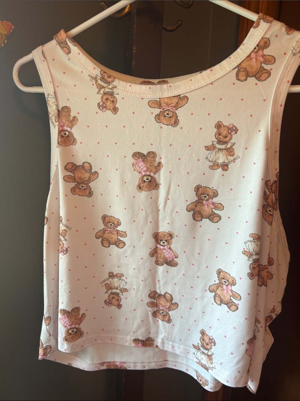 Teddy Bear Print Crop Tank Top - Pink/White